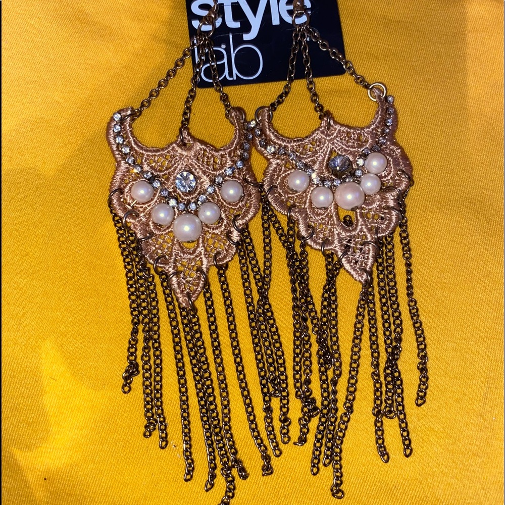 Tan Pearl Diamond Accent Dangle Earrings